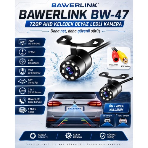 Bawerlink BW-47 720P AHD Kelebek Araç Geri Görüş Kamerası Beyaz LEDli IP68 Su Geçirmez 170° Geniş Açı