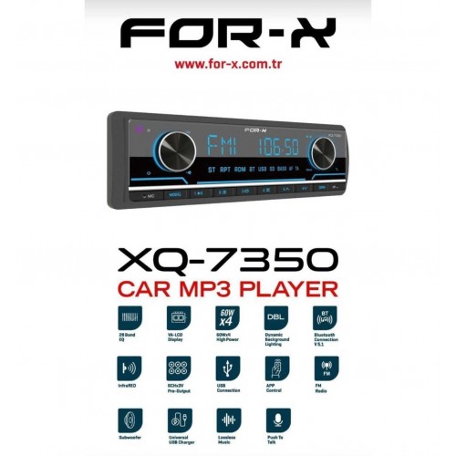 For-X X-7350-FM-USB-MP3-BT5.1-4X60W-3 ANFİ ÇIKIŞLI-APP KONTROL-SESLİ KOMUTLU OTO TEYP