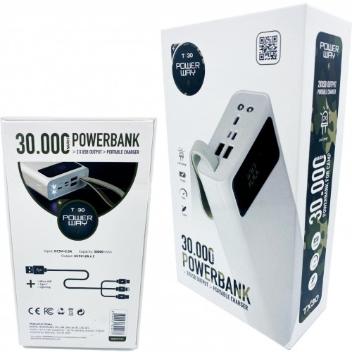 Powerway TX30 30000 mAh Powerbank Fenerli Taşınabilir Şarj Aleti Dijital Göstergeli